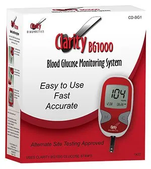Clarity Diagnostics - Clarity Diagnostic BG1000 - CD-BG1 - Blood Glucose Meter Clarity Diagnostic BG1000 5 Second Results Stores up to 300 Results No Coding Required