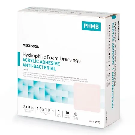 McKesson - 4973 - Antibacterial Foam Dressing McKesson 3 X 3 Inch With Border Waterproof Film Backing Acrylic Adhesive Square Sterile