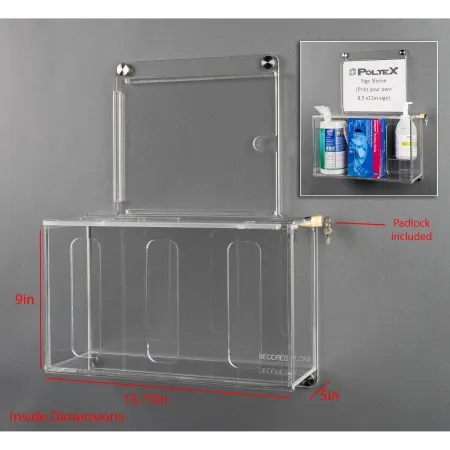 Poltex - DECORESPLCK3-W - Lockable Sanitizing Station With Sign Sleeve Poltex Deco Clear Acrylic Manual 3 Compartment Wall Mount