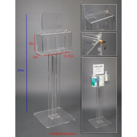 Poltex - DECORHSKIOSK3-S - Lockable Sanitizing Station With Sign Sleeve Poltex Deco Clear Acrylic Manual 3 Compartment Floor Stand