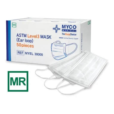 Myco Medical Supplies - MYCO MR Safe - MYEL30000 - Procedure Mask Myco Mr Safe Mri Safe Pleated Earloops One Size Fits Most White Nonsterile Astm Level 3 Adult