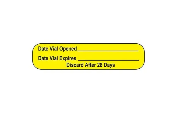 Health Care - Indeed - 18619 - Pre-Printed / Write On Label Indeed Advisory Label Yellow Paper Date Vial Opened_____Date Vial Expires____ Discard After 28 Days Black Quality Control Label 3/8 X 1-5/8 Inch