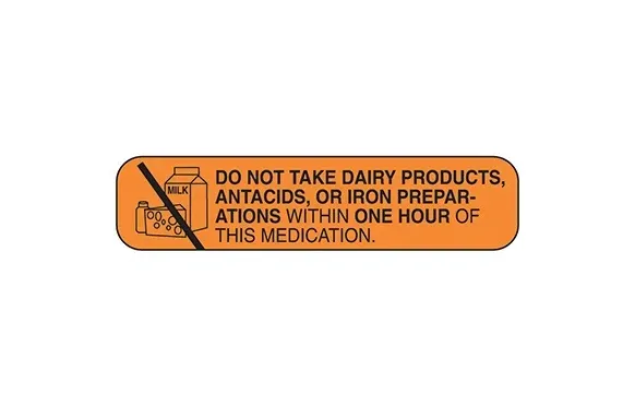 Health Care Logistics - Indeed - 2004 - Pre-printed Label Indeed Auxiliary Label Orange Paper Do Not Take Dairy Products, Antacids Or Iron Preparations Within One Hour Of This Medication Black Safety And Instructional 3/8 X 1-5/8 Inch