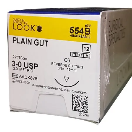 Surgical Specialties - LOOK - 554B - Absorbable Suture With Needle Look Plain Gut C-6 3/8 Circle Reverse Cutting Needle Size 3 - 0