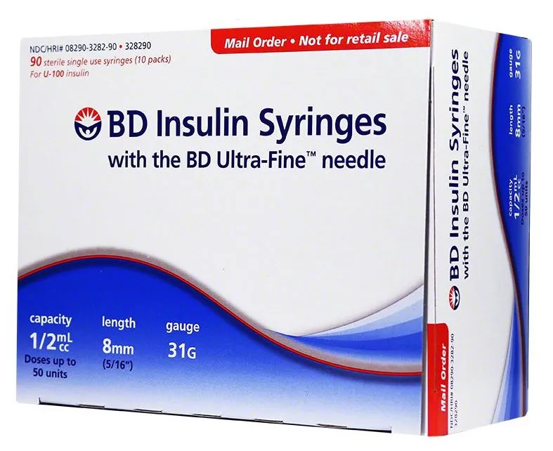 BD Ultra-Fine Insulin Syringes Short Needle 31G 1/2cc 5/16" 90ct