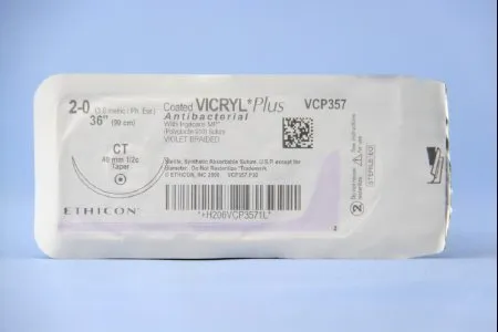 J & J Healthcare Systems - Coated Vicryl Plus - VCP357H - Absorbable Antibacterial Suture With Needle Coated Vicryl Plus Polyglactin 910 Ct 1/2 Circle Taper Point Needle Size 2 - 0 Braided