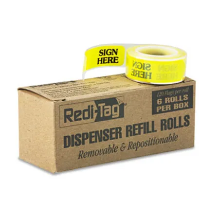 Redi-Tag - RTG-91001 - Arrow Message Page Flag Refills, sign Here, Yellow, 120 Flags/roll, 6 Rolls/box