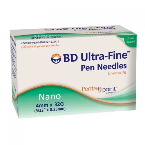 Becton Dickinson - 320122 - Ultra-fine nano pen needle, 32 gauge x 4 mm. Retail packaging