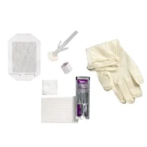 Cardinal Health - 3T3008A - Med Central line dressing kit. Includes: 2 Gloves, Alcohol Swab, PVP Ampule, PVP Ointment, Gauze, Drape, Tape, Transparent Dressing, Label, Latex Hub Guard.