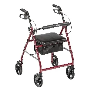 Drive Medical - R728RD - Red Rollator Walker with Fold Up Removable Back Support Padded Seat