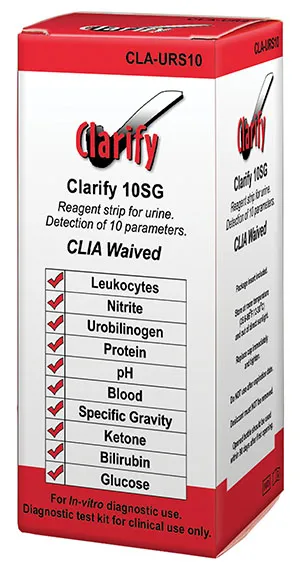 Clarity Diagnostics - CLA-URS10 - Clarify Urine Reagent Strips  10SG  CLIA Waived  Visual Read Only  Tests for Leukocytes  Nitrite  Urobilinogen  Protein  pH  Blood  Specific Gravity  Ketone  Bilirubin   Glucose  100 strips-bx