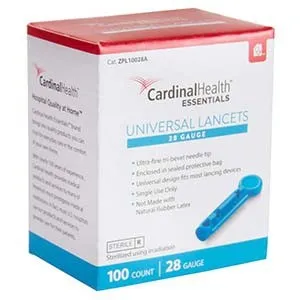 Cardinal Health - Med - L10028A - Cardinal Health Essentials 28 Gauge Lancets, ultra thin tri-bevel tip. Enclosed in a sealed bag,  Blue, sterile, single use.  Universal design fits most lancing devices.   100/box.